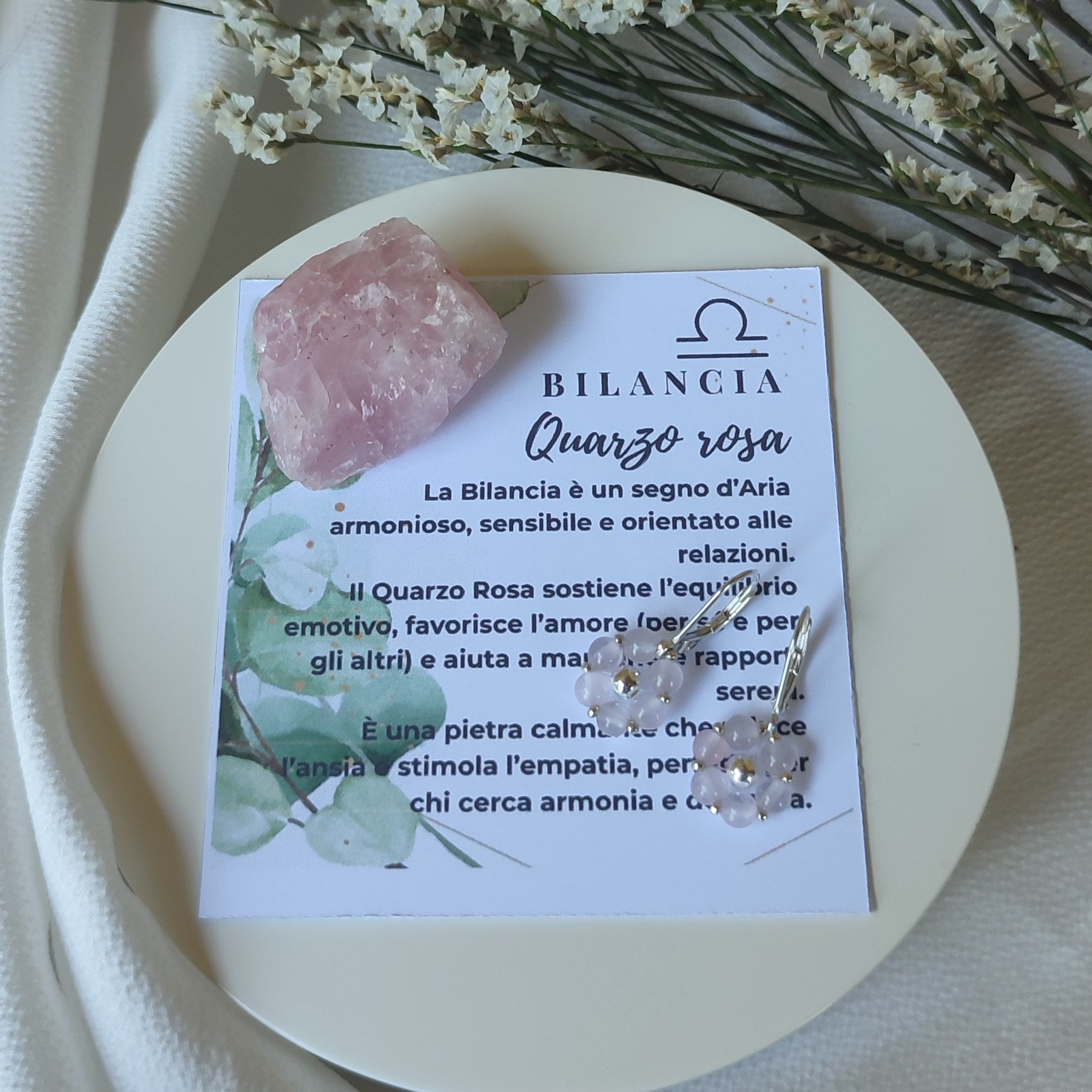 Orecchini FIORE ZODIACALE - BILANCIA - Quarzo Rosa in vendita su Petali e Passioni Bijoux