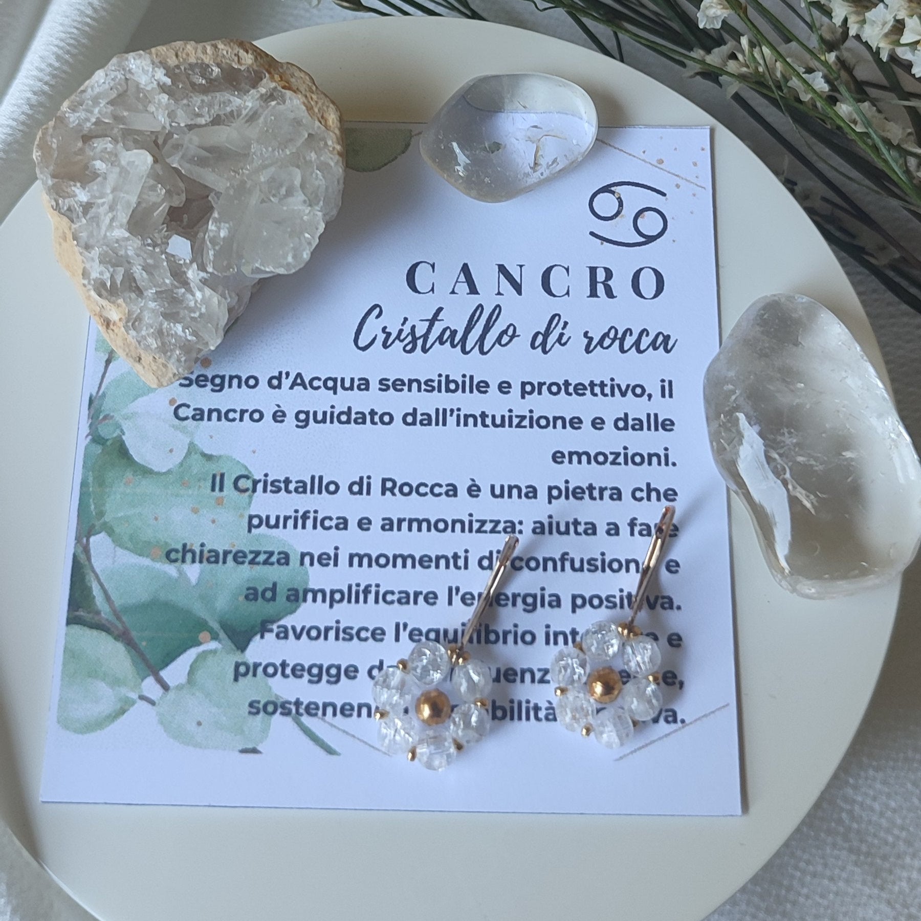 Orecchini FIORE ZODIACALE - CANCRO - Cristallo di Rocca in vendita su Petali e Passioni Bijoux