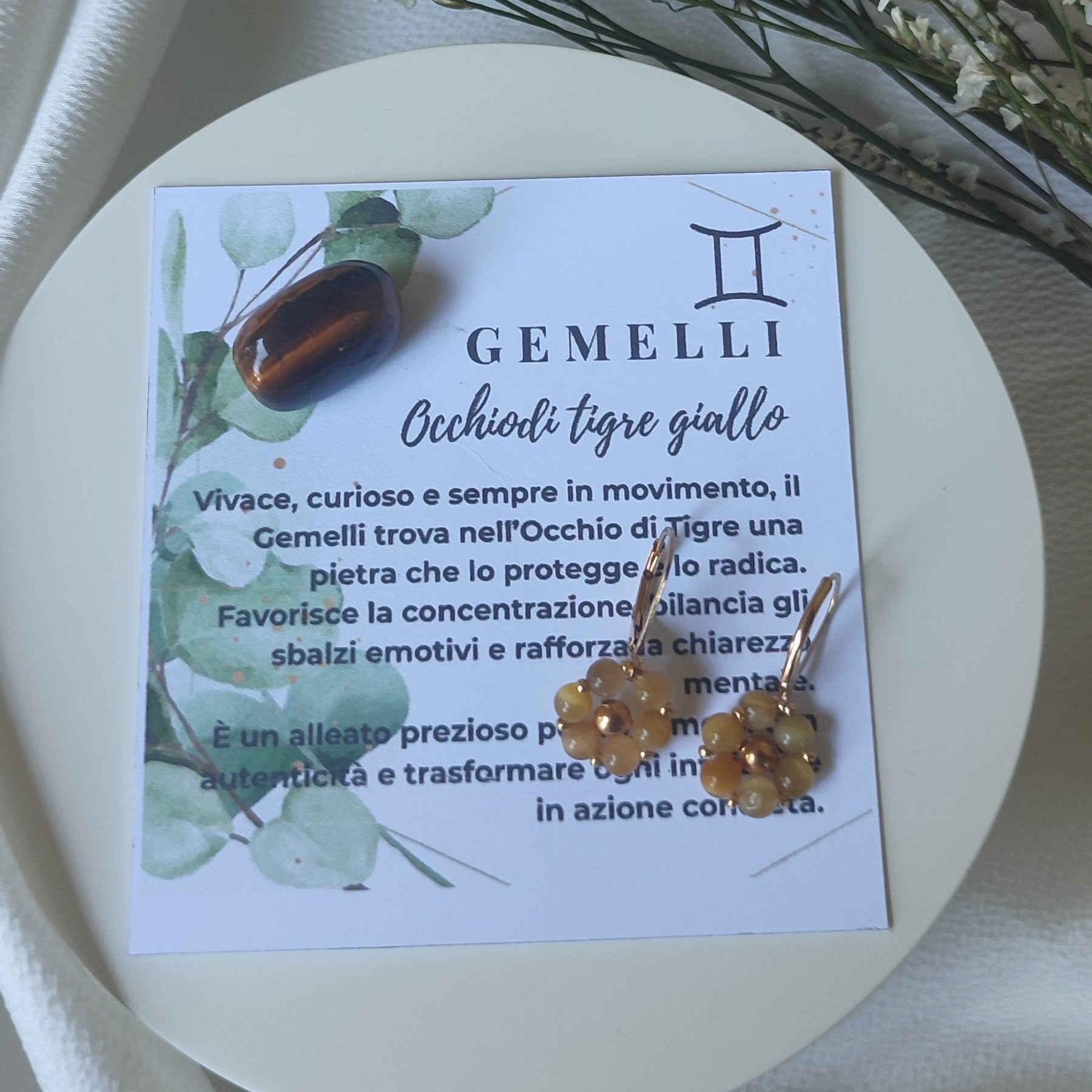 Orecchini FIORE ZODIACALE - GEMELLI - Occhio di Tigre giallo in vendita su Petali e Passioni Bijoux