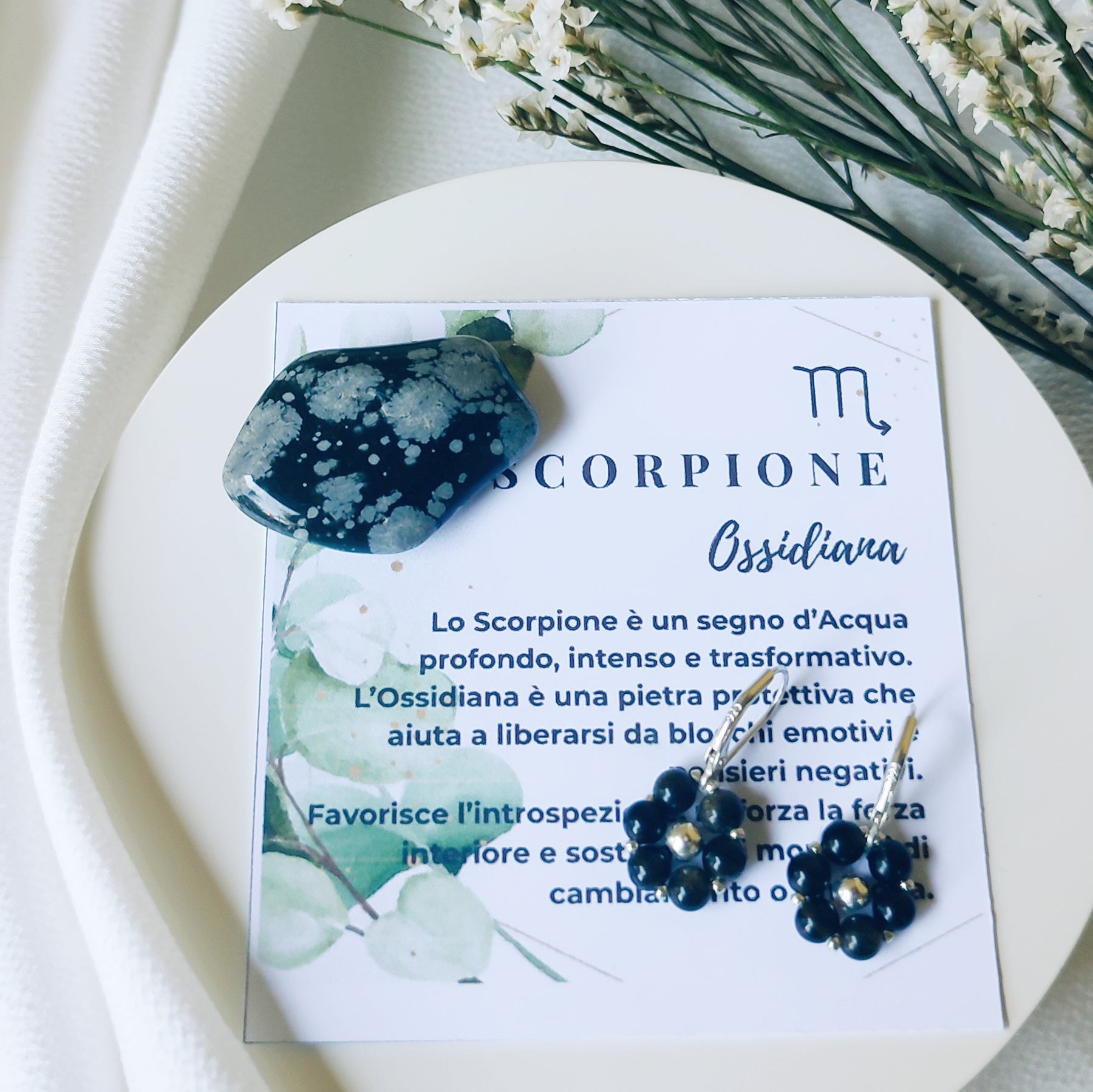 Orecchini FIORE ZODIACALE - SCORPIONE - Ossidiana in vendita su Petali e Passioni Bijoux